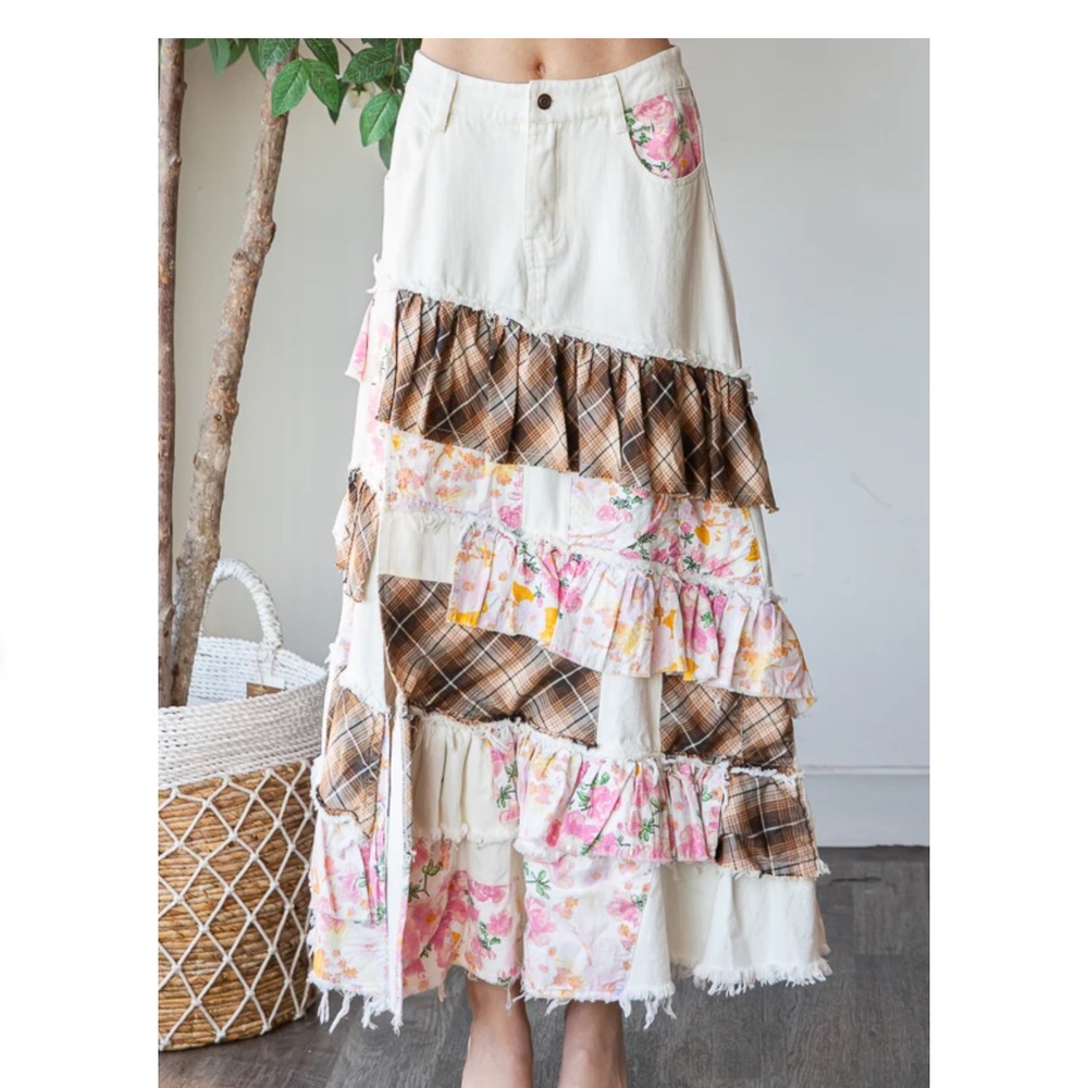 Oli & Hali Cream Patchwork Maxi Skirt with Floral & Plaid Ruffles - Picture 2 of 7
